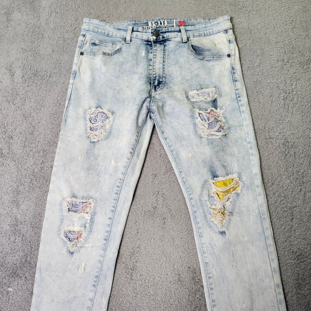 GS-115 Mens 36 Jeans Light Acid Wash Distressed Patchwork Moto Slim Streetwear
